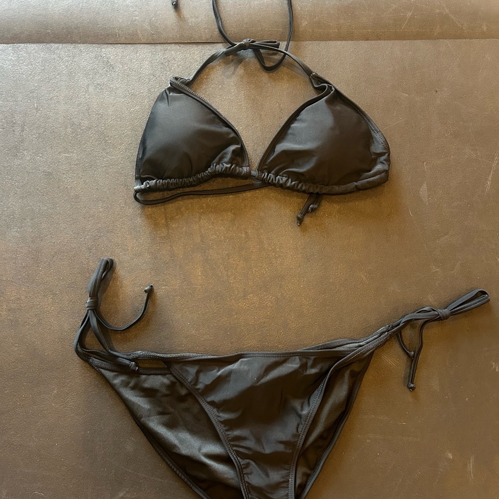 Black Tie-Side Triangle Bikini Top and Bottom - Women Swim